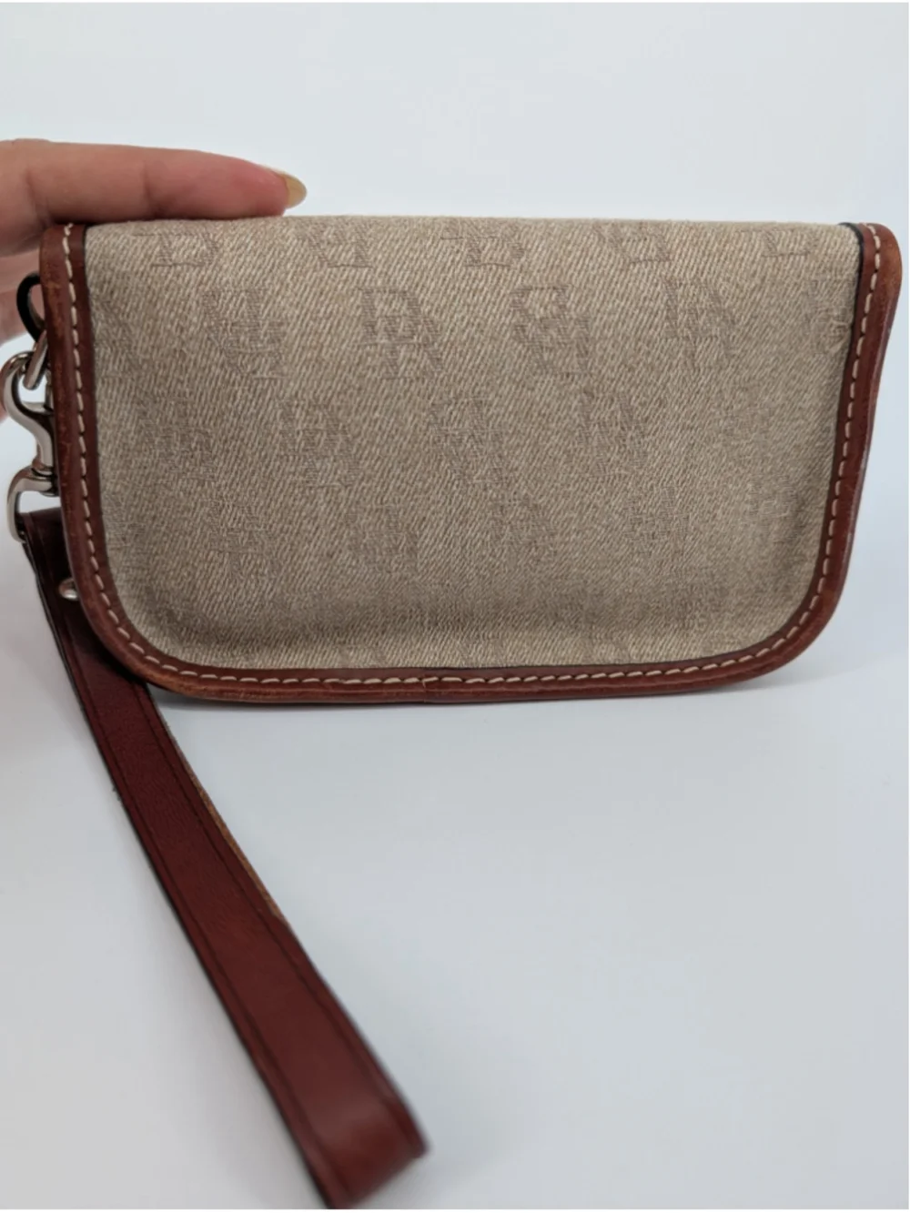 Dooney & Bourke Oncour Tweed Flap Wristlet Tan Brown Leather Trim